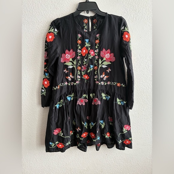 Zara Black Mini Ruffle Tunic Dress With Colorful Floral  Embroidery Design XS - Picture 5 of 12